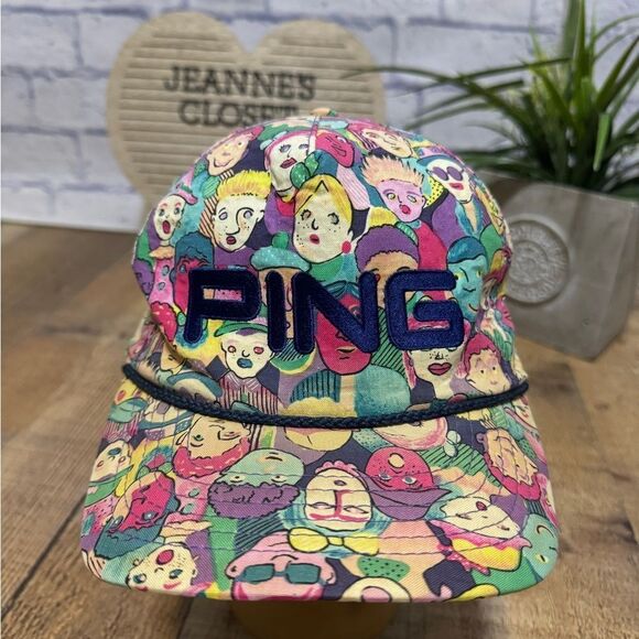 PING Colorfull Faces All Over Print Golf Hat, Vintage 90s, Ropehat, Made In USA - Picture 1 of 9